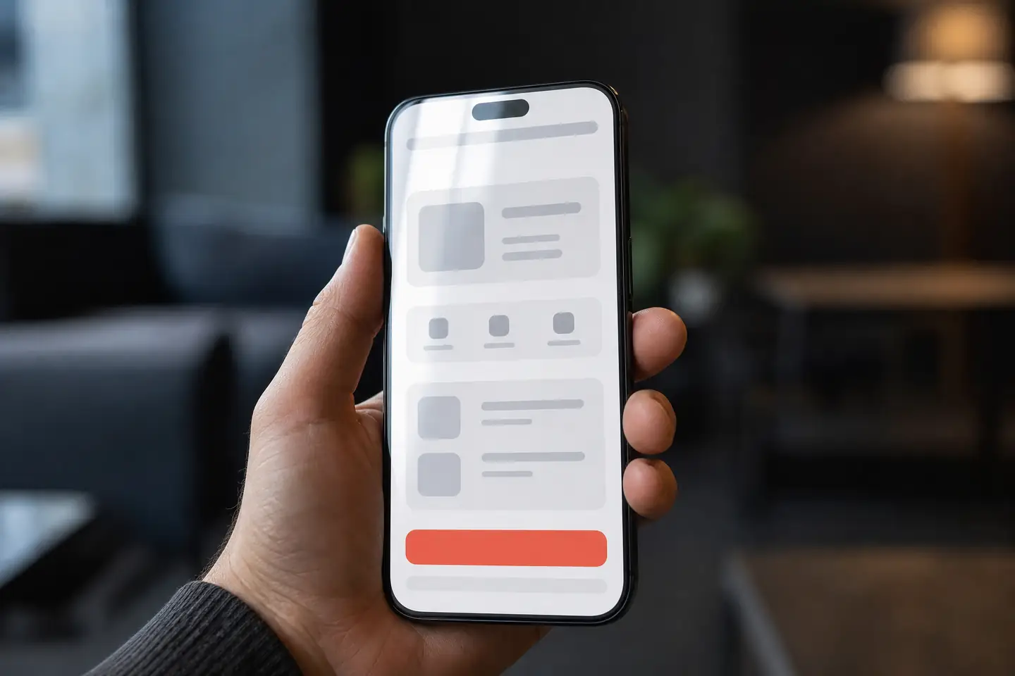 Een hand houdt een telefoon vast met een strakke app op het scherm