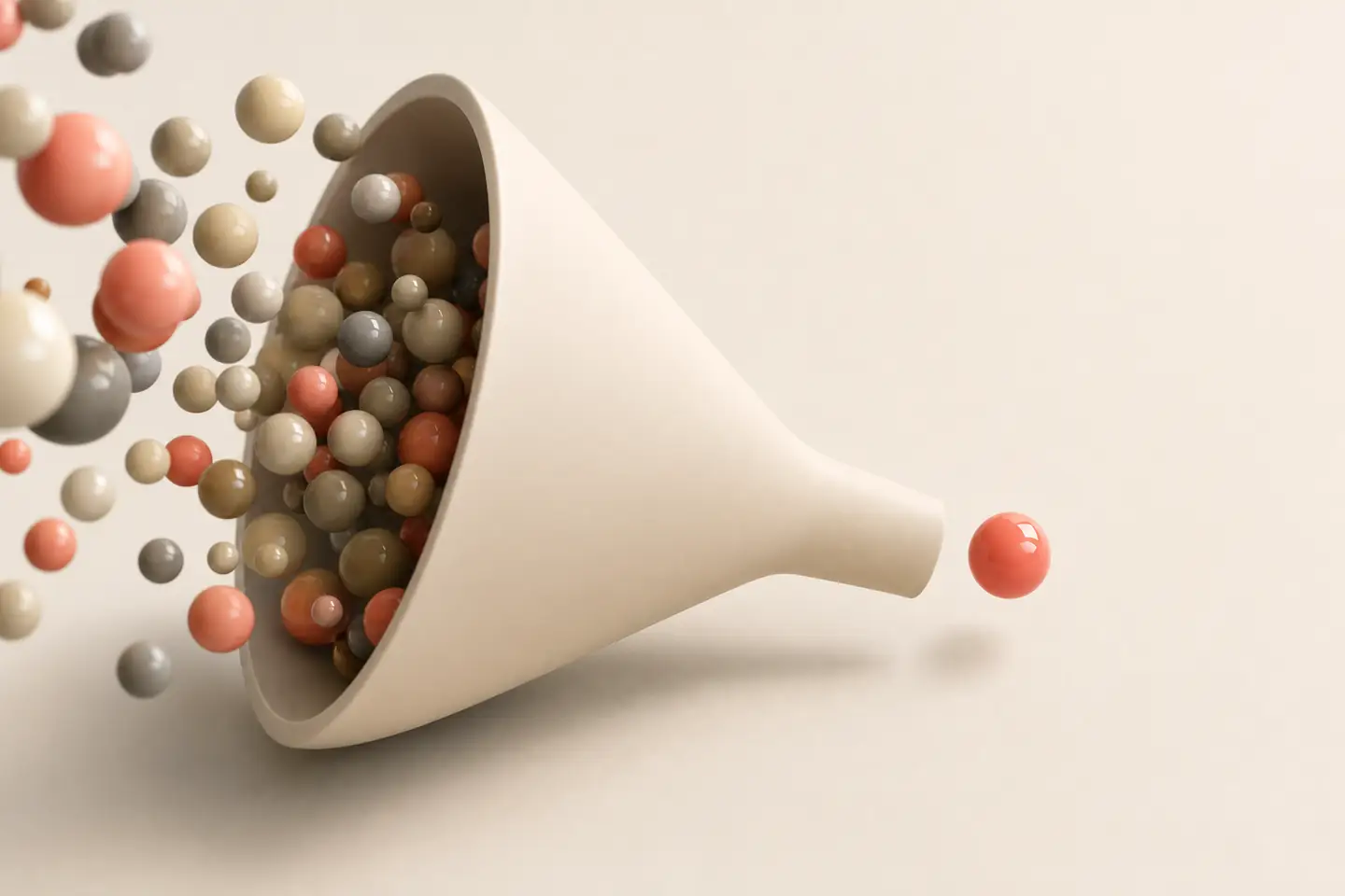Render van een trechter waar veel bolletjes in vallen en er een koraalrood bolletje uit komt