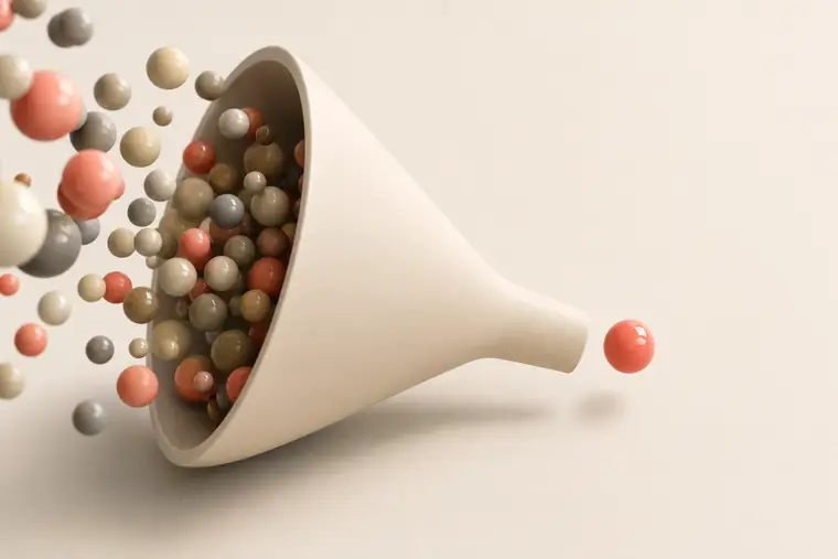 Render van een trechter waar veel bolletjes in vallen en er een koraalrood bolletje uit komt