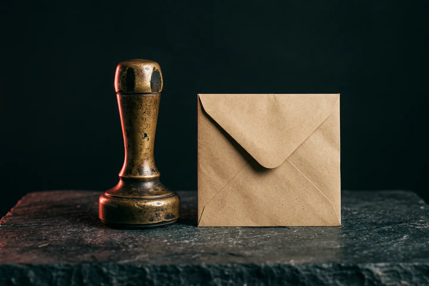 Een messing stempel naast een dichte envelop op donkere steen