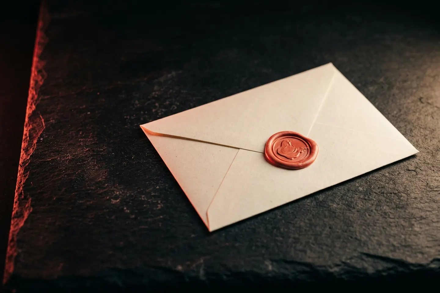 Een crèmekleurige envelop met een koraalrood lakzegel op donkere steen