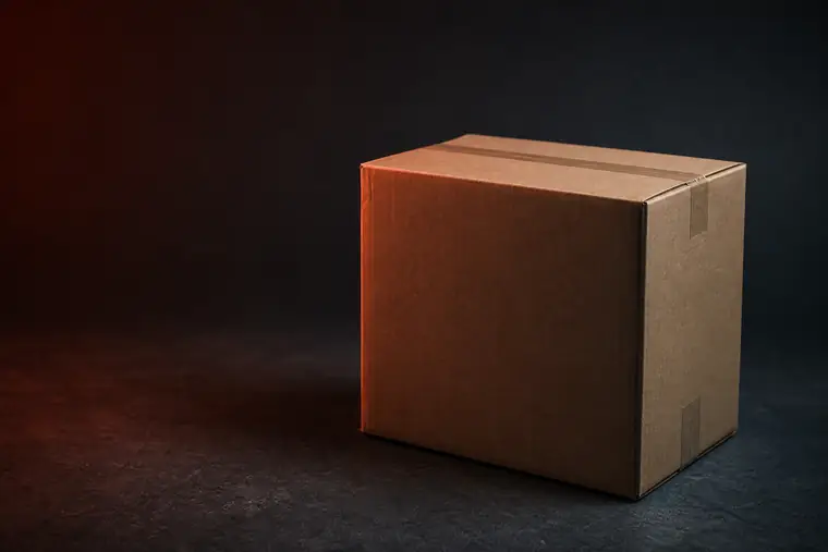 Een dichtgeplakte verzenddoos op een donkere ondergrond