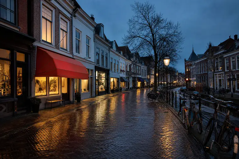 Een Nederlandse winkelstraat in het blauwe uur met verlichte etalages en een rode luifel