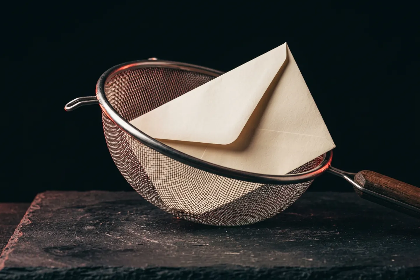Een envelop die half in een fijnmazige metalen zeef ligt op donkere steen