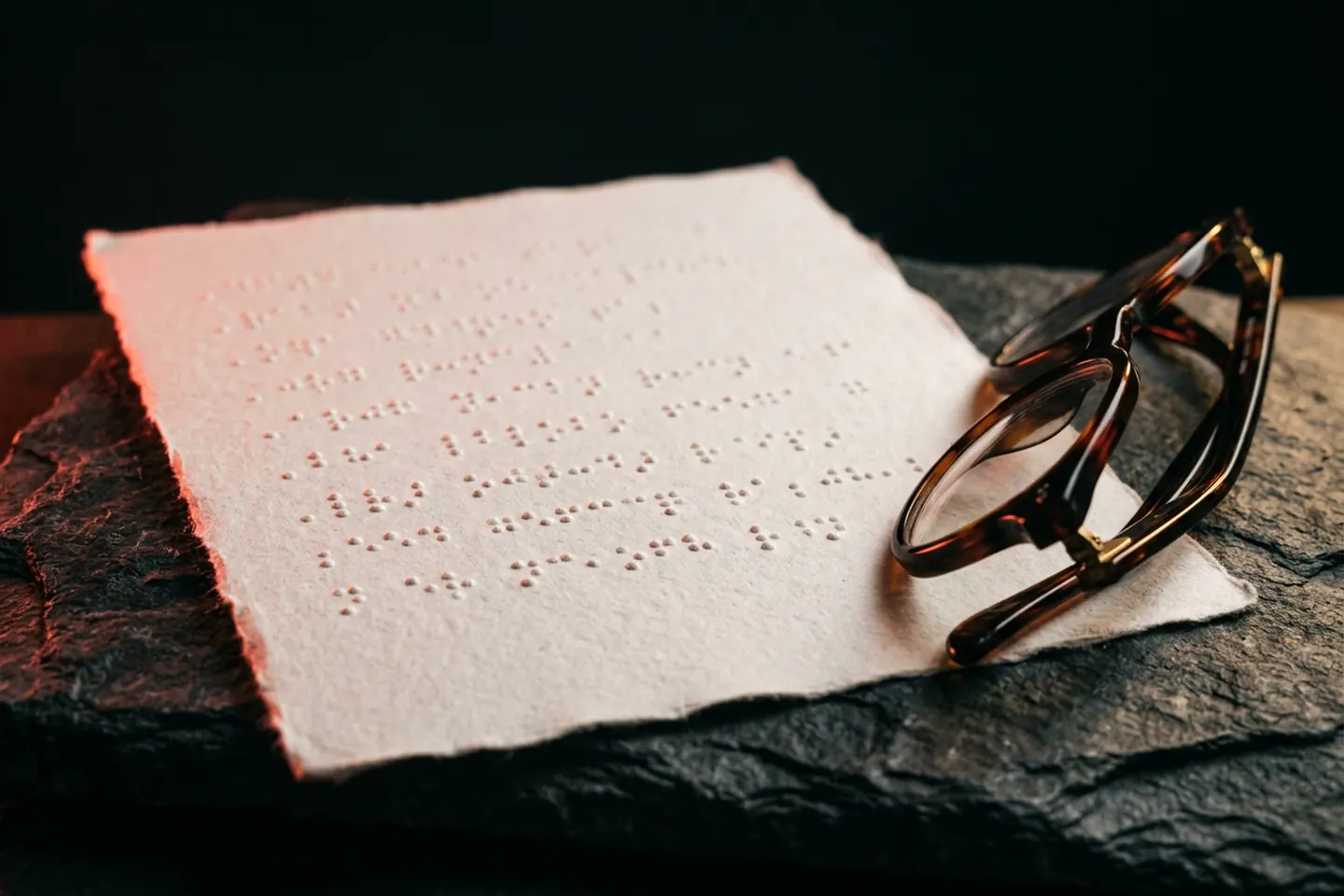 Een leesbril op een vel papier met braillepunten op donkere steen
