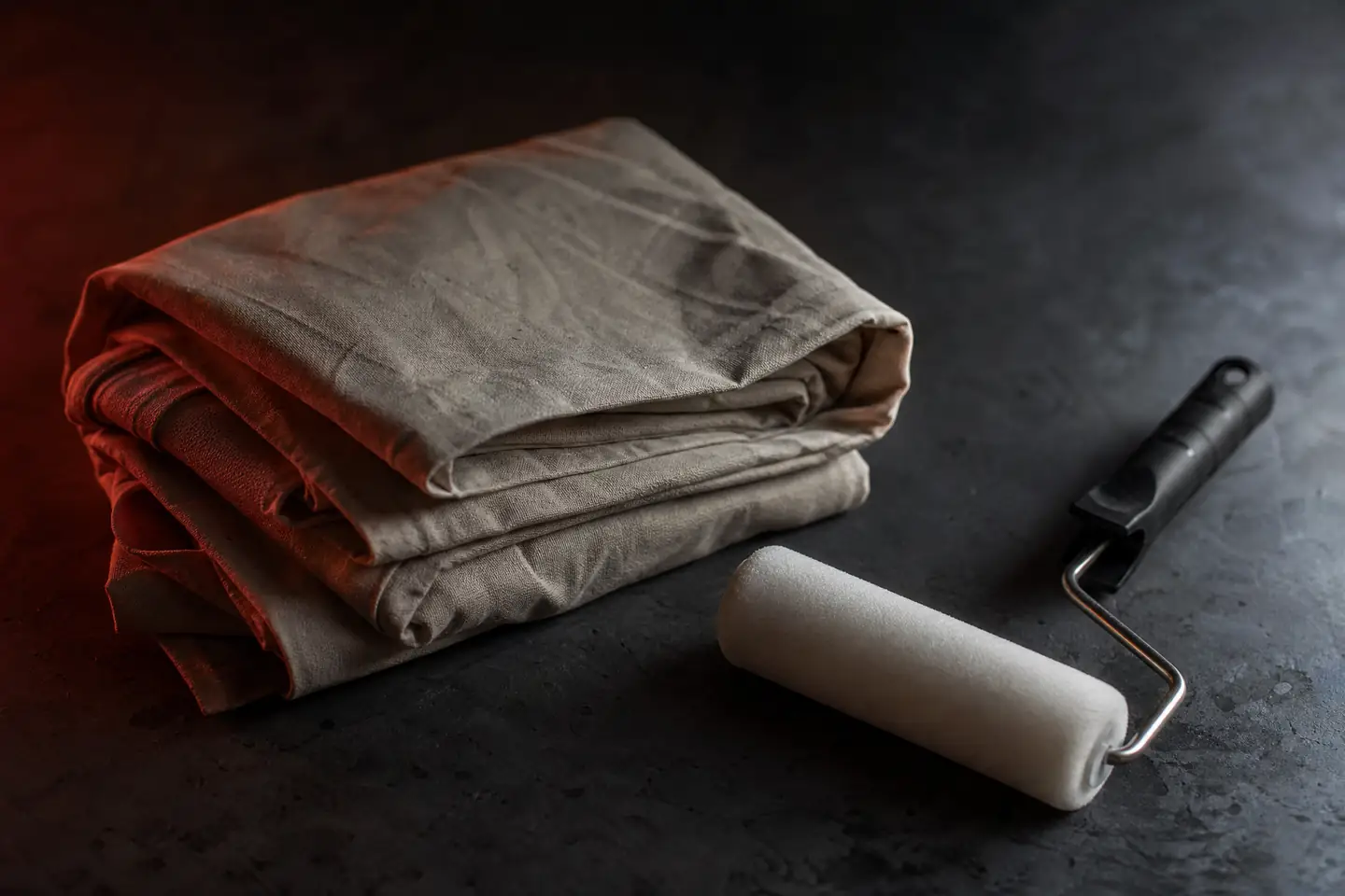 Een opgevouwen stofdoek en een schone verfroller op een donkere ondergrond