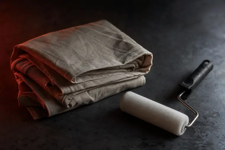 Een opgevouwen stofdoek en een schone verfroller op een donkere ondergrond