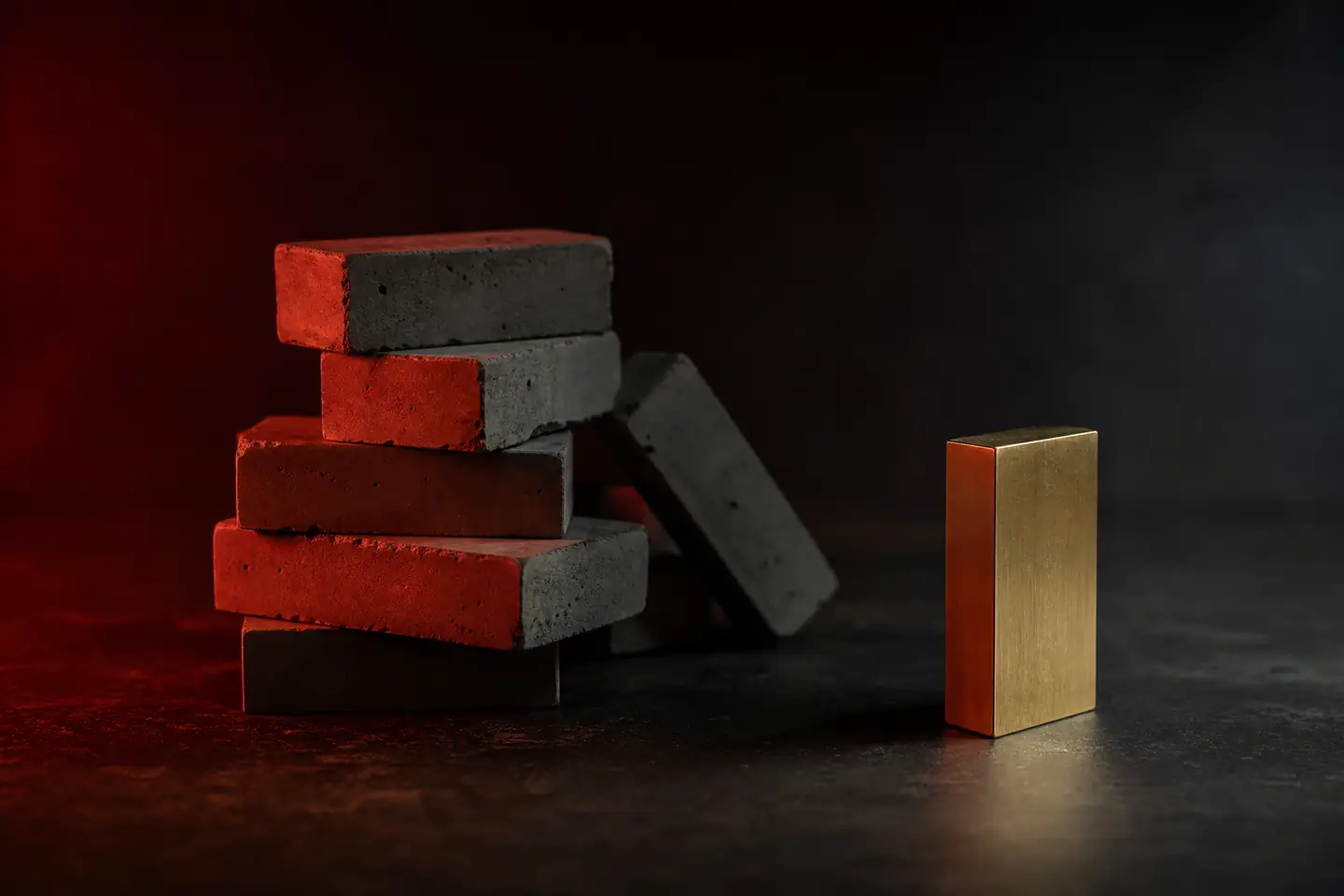 Een losse stapel grijze blokken naast een strak gefreesd koperen blok