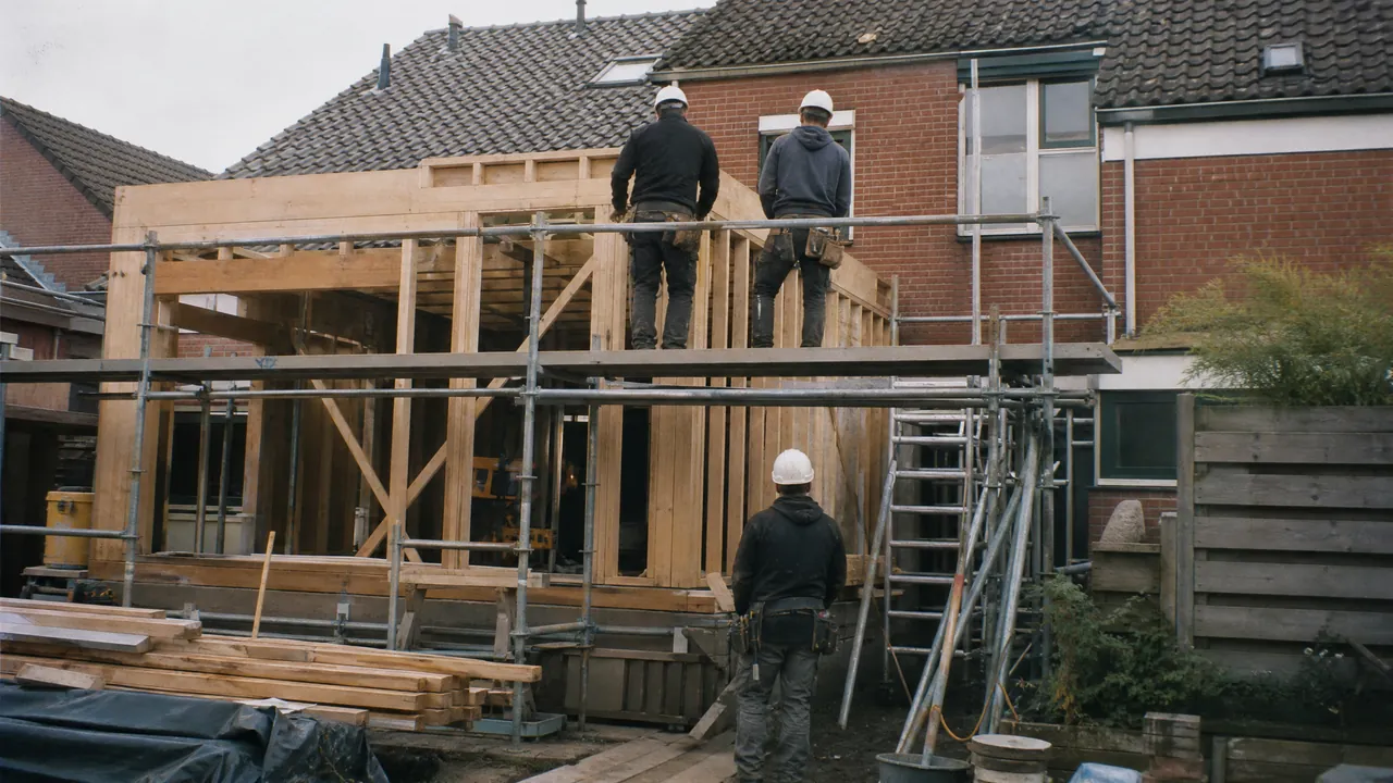 Bouwploeg aan het werk aan een aanbouw
