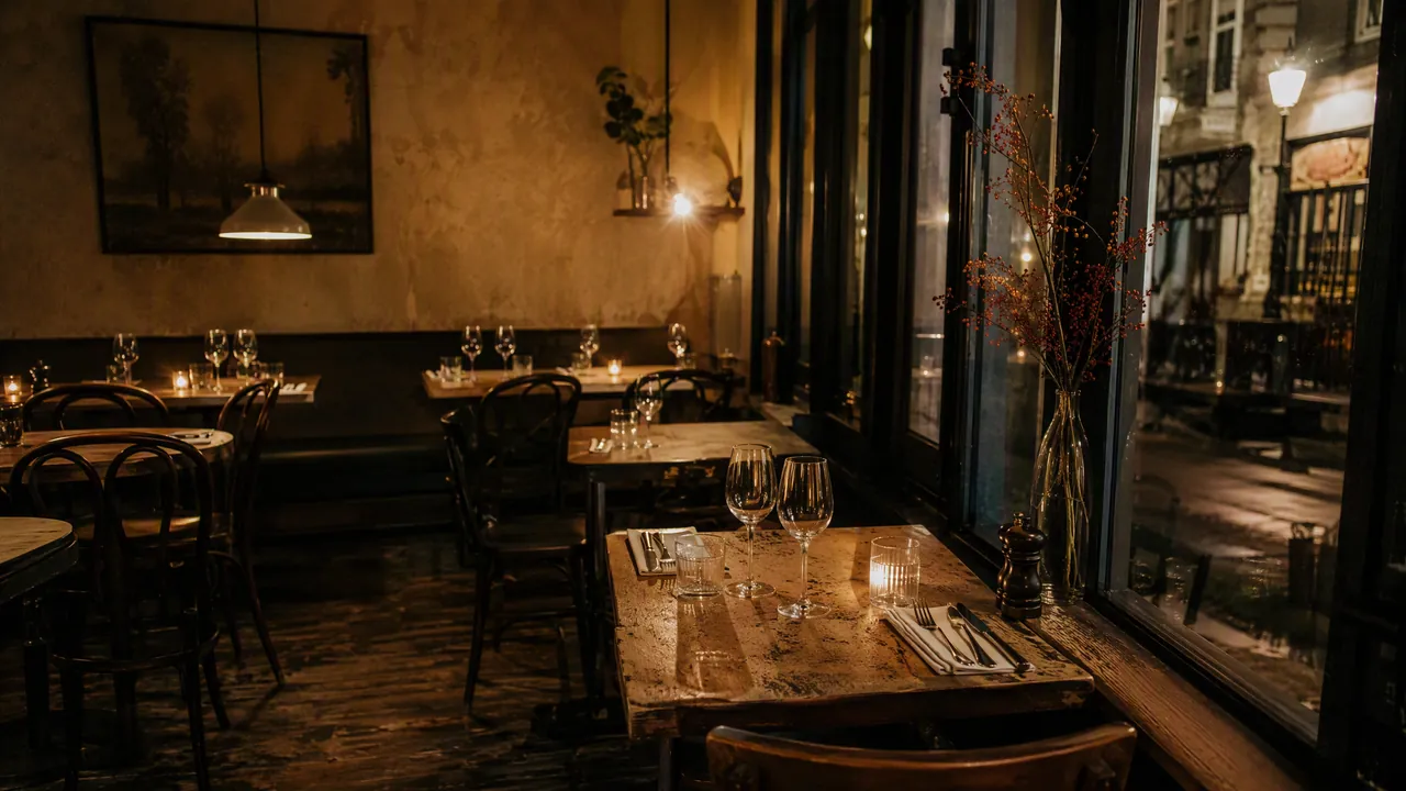 Interieur van het eetcafe in de avond