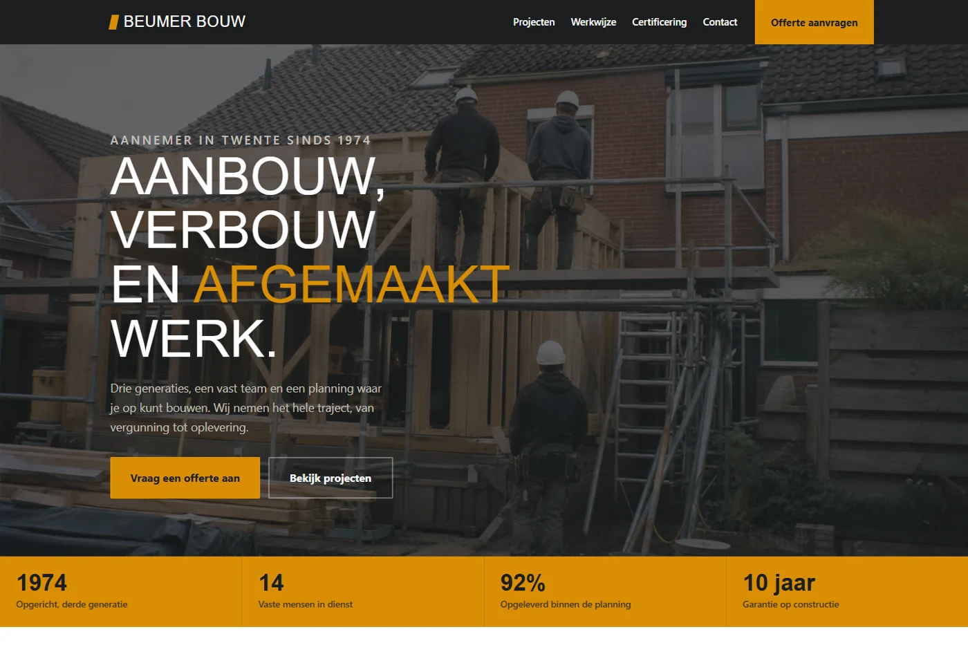 Screenshot van onze interactieve voorbeeldsite voor bouw & architectuur