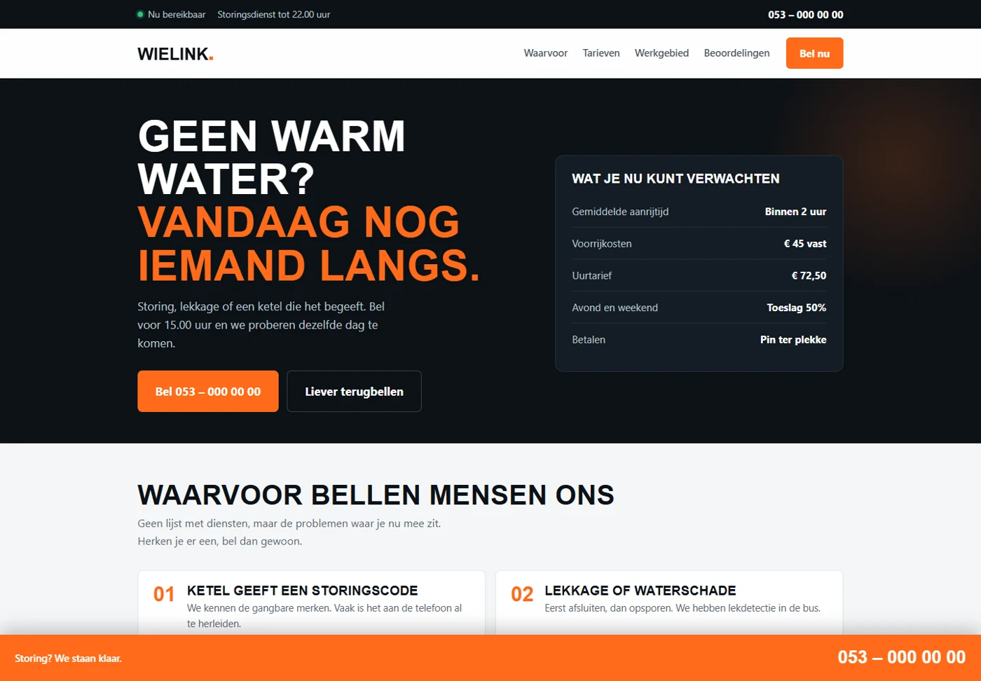 Screenshot van onze interactieve voorbeeldsite voor installatietechniek