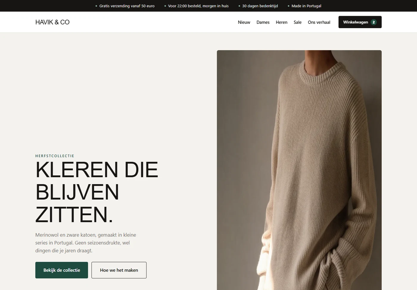 Screenshot van onze interactieve voorbeeldsite voor webshop