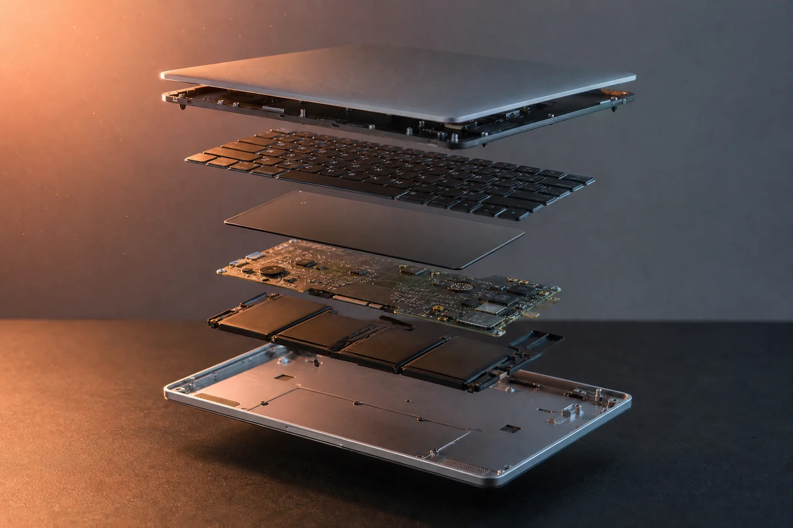 Een laptop uit elkaar gehaald in losse onderdelen, zwevend boven een werkbank
