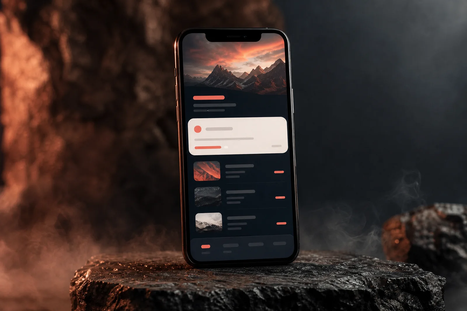 Een smartphone met een appontwerp in koraalrood, staand op een rots