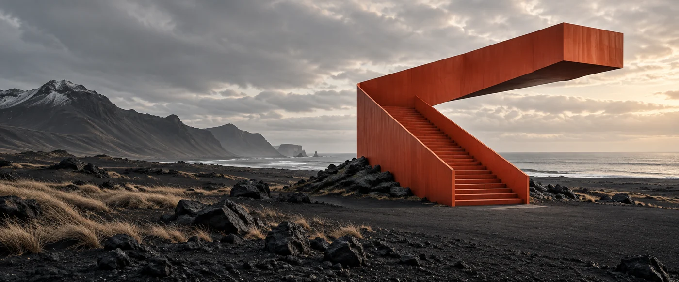 Koraalkleurige architecturale trap in een vulkanisch landschap