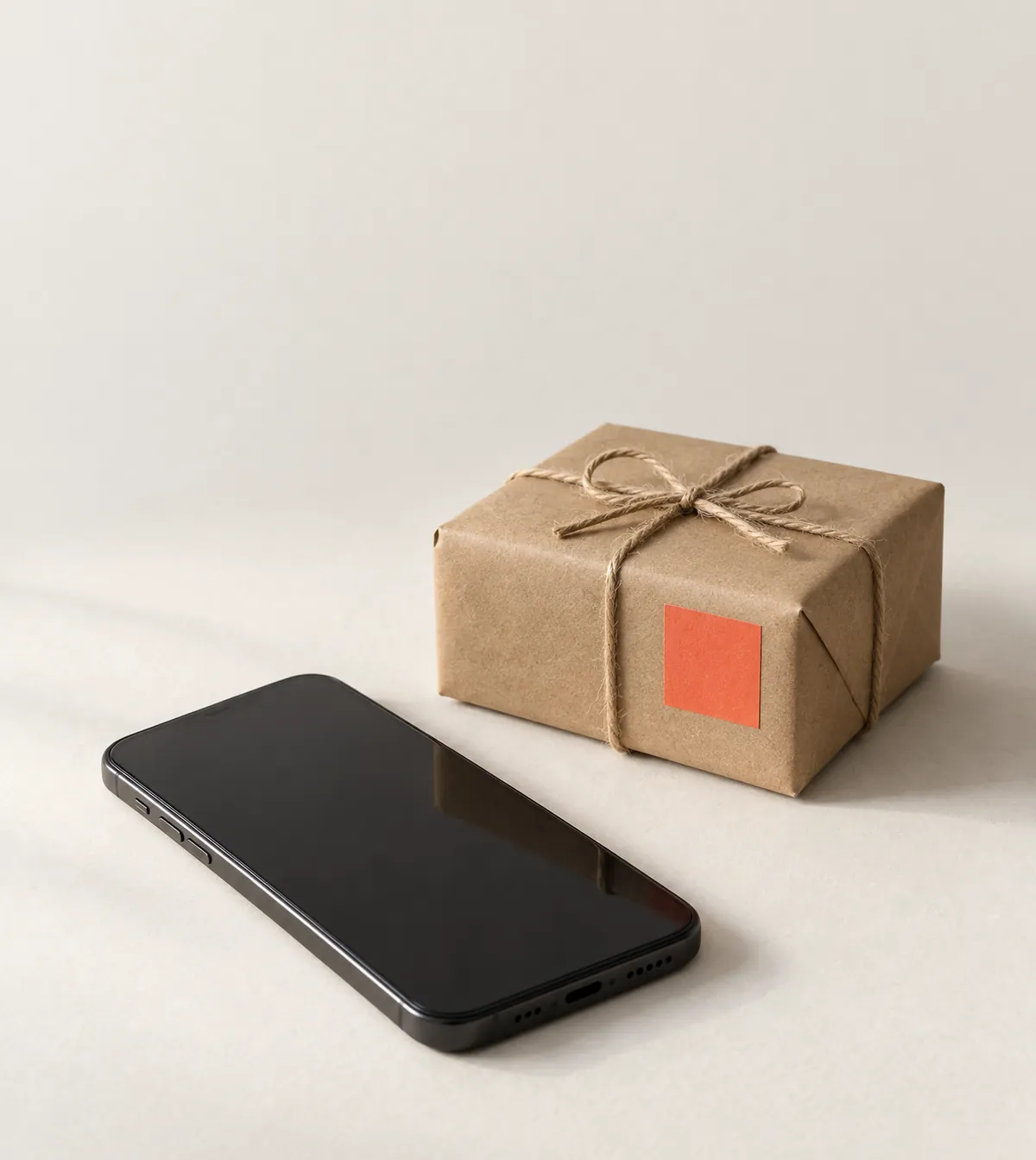Een smartphone naast een klein kraftpakket met een koraalrood label op een lichte tafel