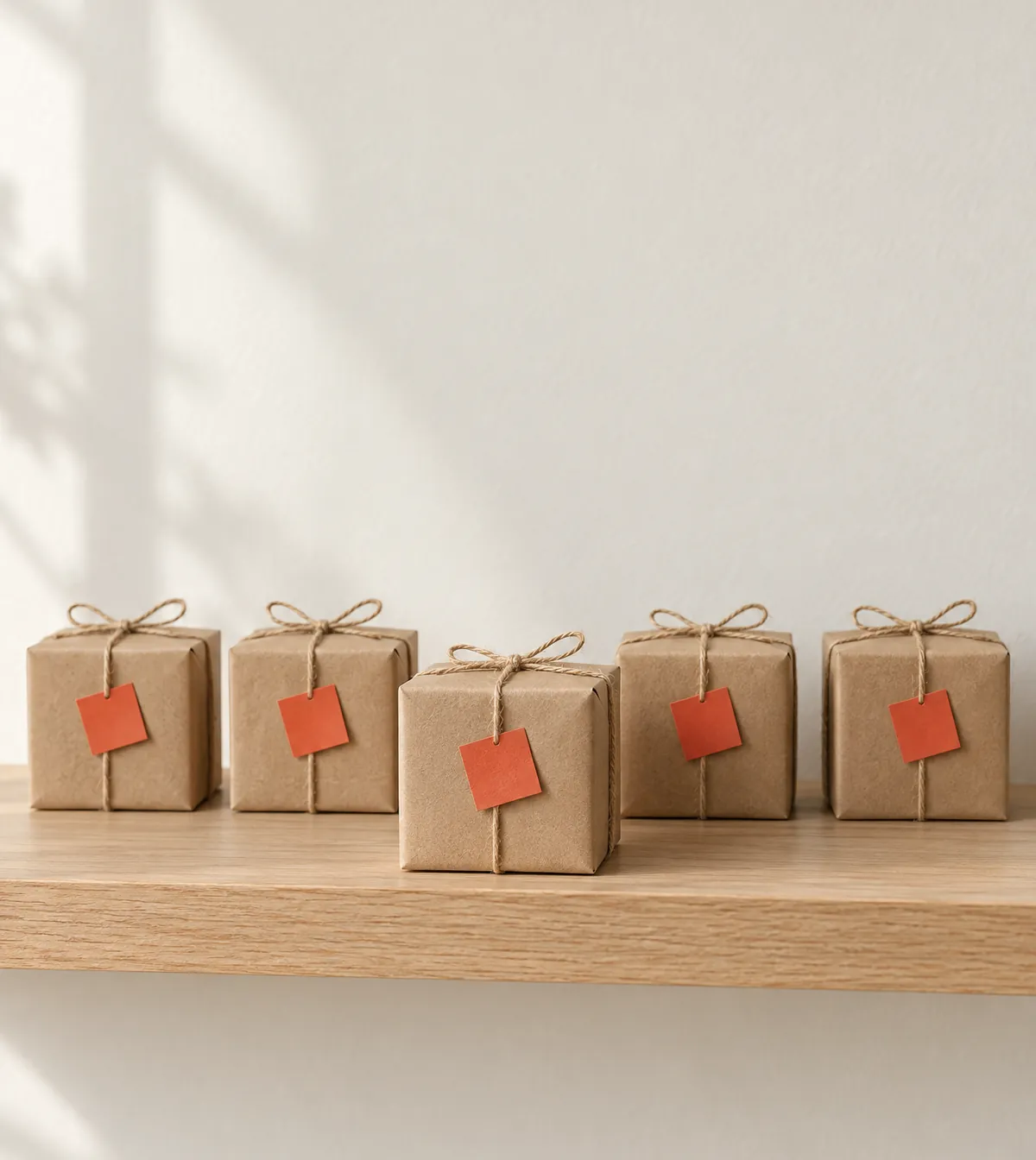 Een rij gelijke kraftpakketjes met koraalrode labels op een houten plank, een pakketje staat iets naar voren