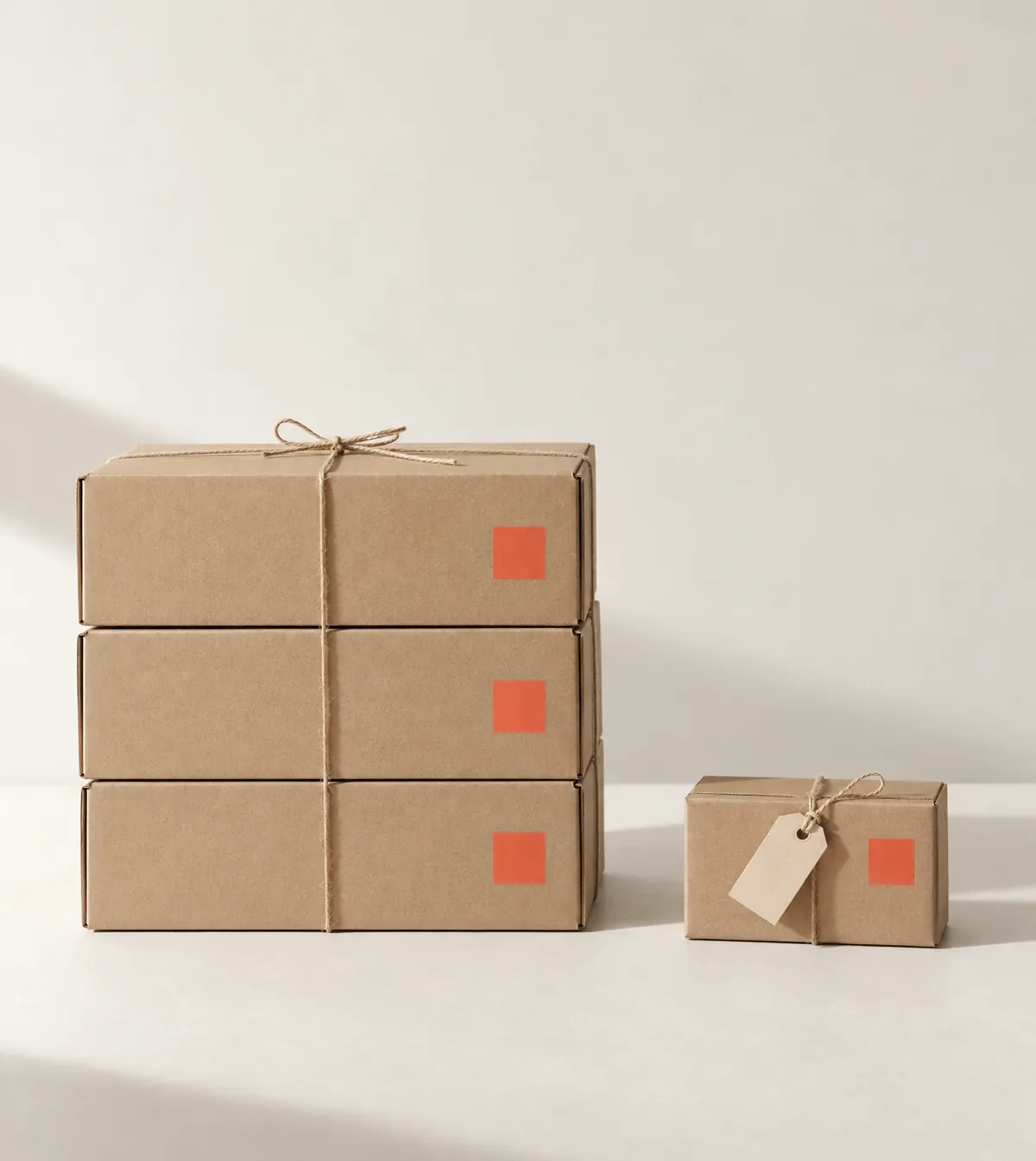 Een stapel zakelijke verzenddozen naast een klein consumentenpakket, allebei met hetzelfde koraalrode label