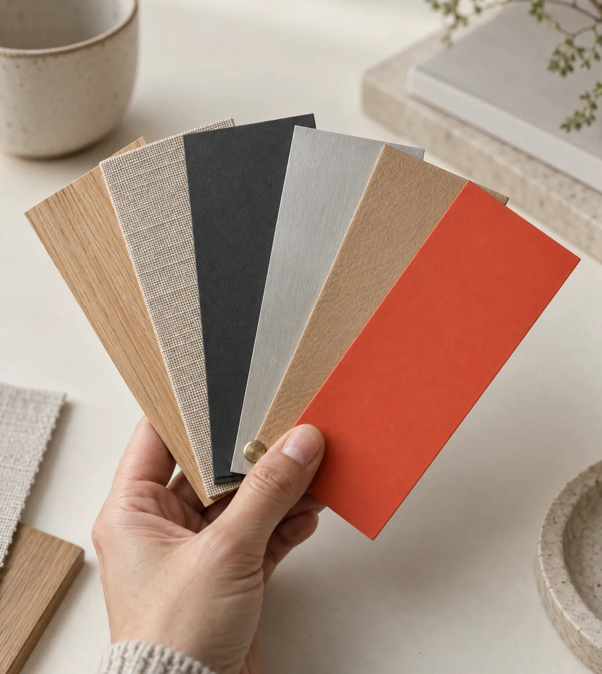 Een hand waaiert materiaalstalen uit: eikenhout, linnen, antraciet, aluminium, leer en een koraalrode staal